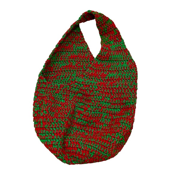 Handcrafted Red Green Crochet Bag Hand Crafted Knit Shoulder Bag Christmas Tote - Picture 8 of 12
